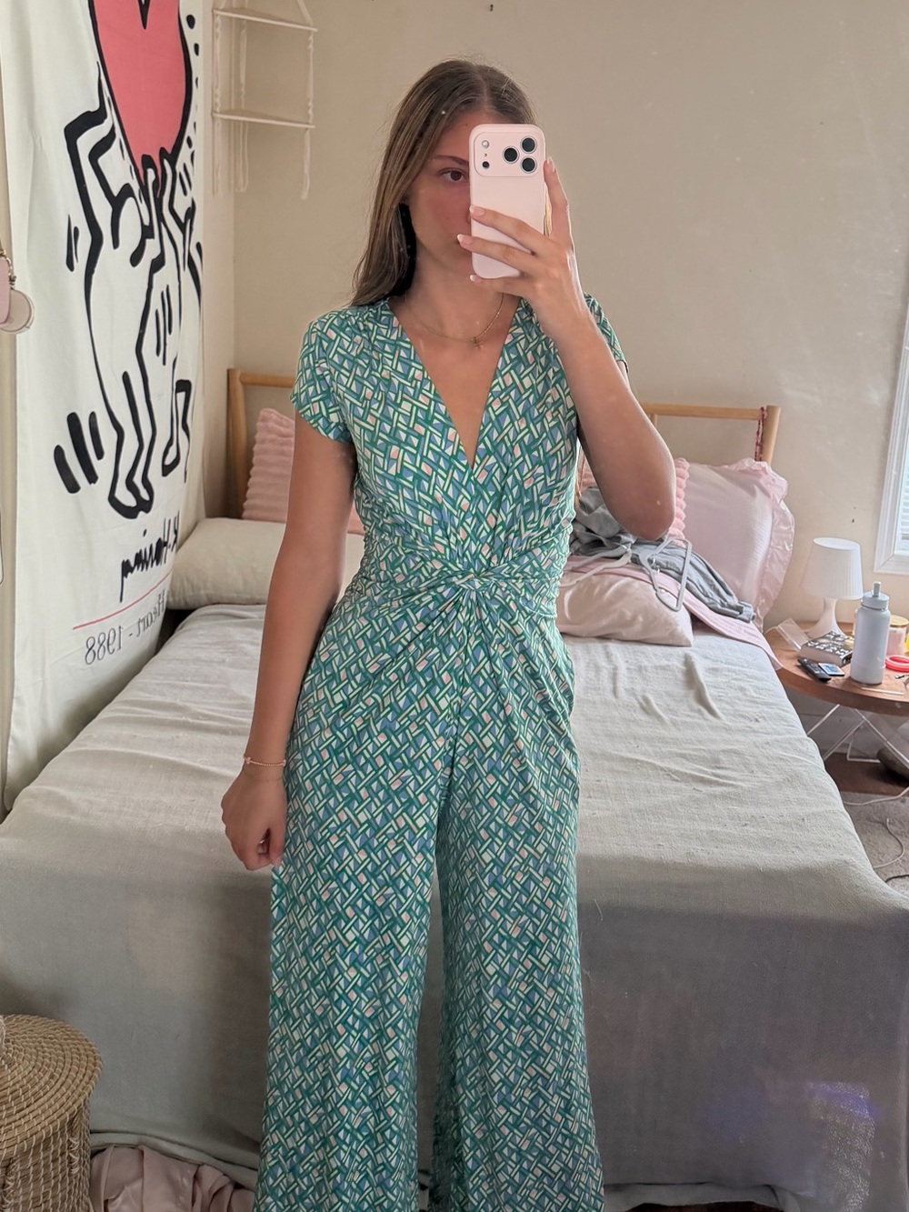 Vince Camuto Green Geometric Wrap-Front Jumpsuit